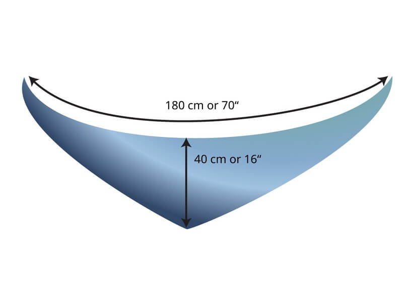 Tunisian crochet asymmetrical rounded triangle shawl tutorial 7 Schematic of asymmetrical rounded triangle shawl, showing the length along the top (180 cm or 70”) and the width of the shawl (40 cm or 16”)