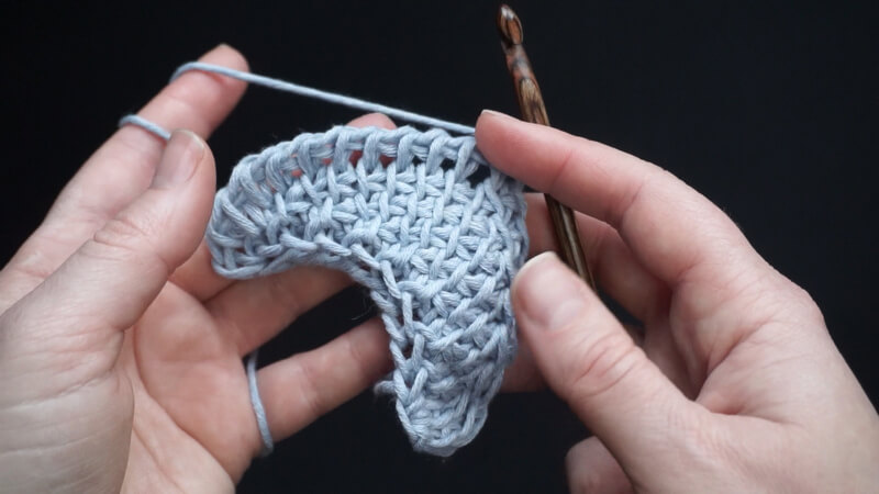 Tunisian crochet asymmetrical rounded triangle shawl tutorial 10 Tunisian Crochet kyanite shawl - the end of Row 9