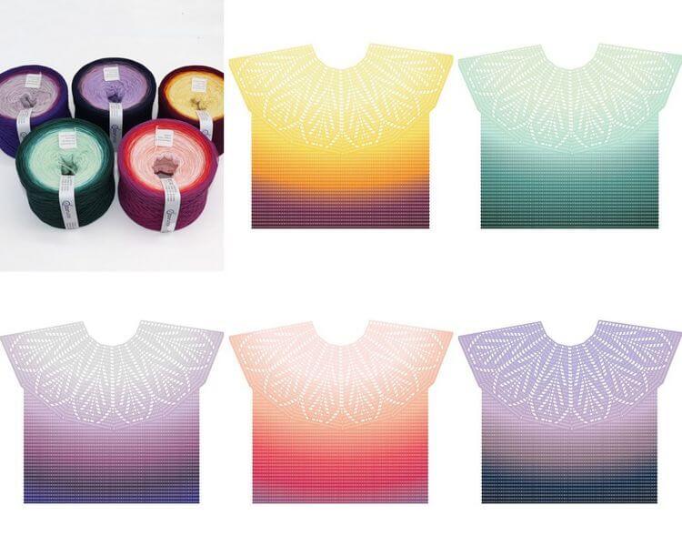 Project diary - Calliandra round yoke top 16 Five gradient cakes and five schematics that show how the SparWolle yarn kits would look like worked up.