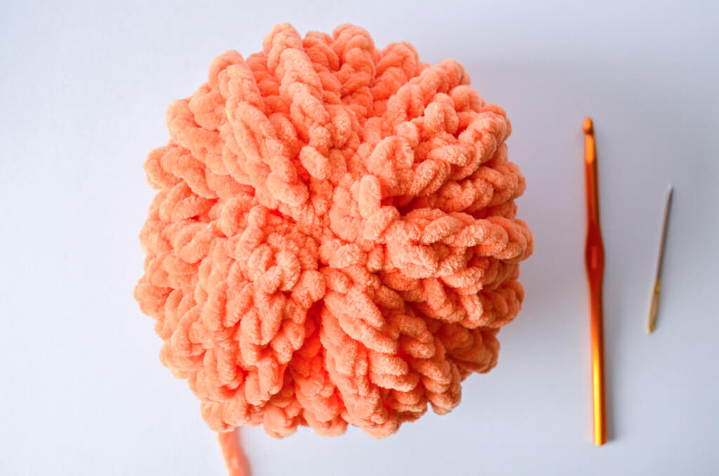 Free crochet pumpkin pattern 7 Bottom of chenille yarn pumpkin, with a closed end.