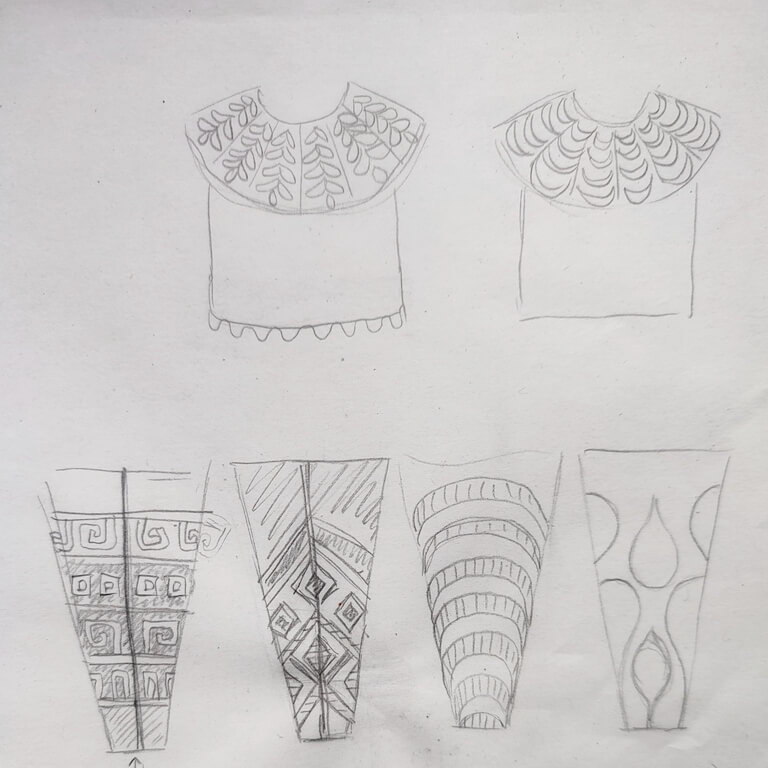 Designing a crochet pattern - my entire process 1 Two sketches of round yoke tops and four sketches of wedges that go into the round yokes