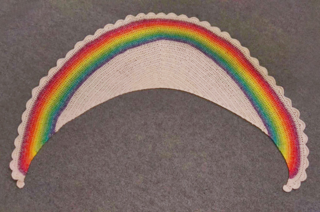 Crochet Rainbow shawl showing the full crescent shape