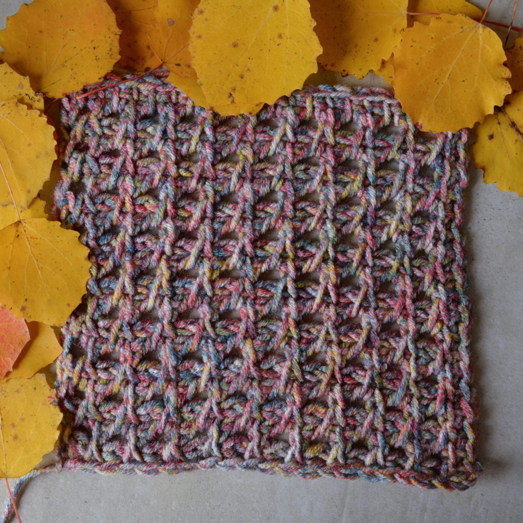 Tunisian crochet blanket square made with the Mori lace stitch