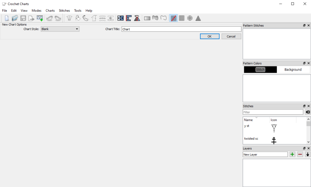 View when first opening the Crochet Charts software