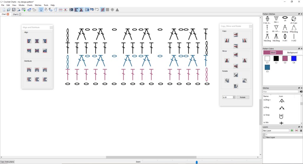 Crochet charts example of a random chart with flip, rotate, align and distribute panes open