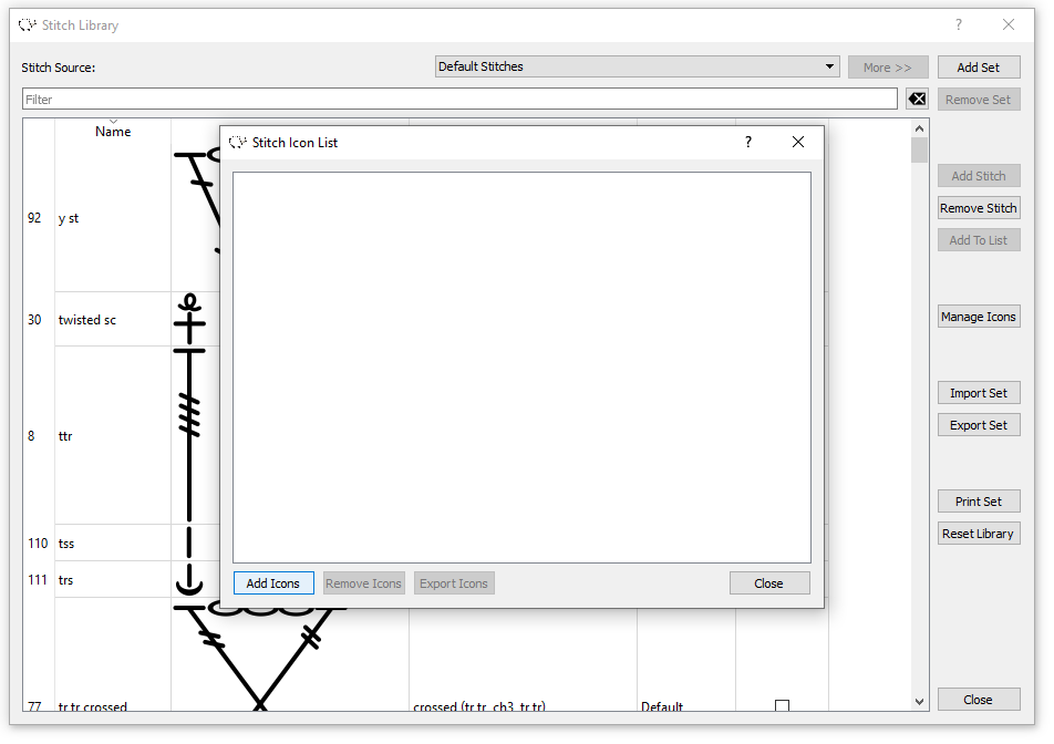 Crochet Charts stitch library - add new stitch symbol dialog