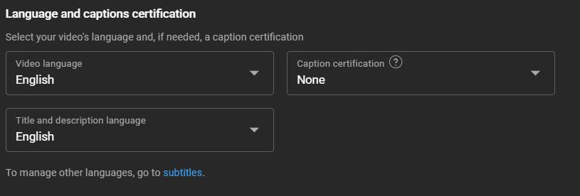 How to add closed captions to your YouTube videos, step one - Opening the language and caption certification section in Youtube editing pane