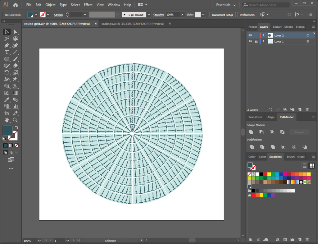 Using Adobe Illustrator for crochet charts - quick chart of a circle with 8 rows of Dc stitches