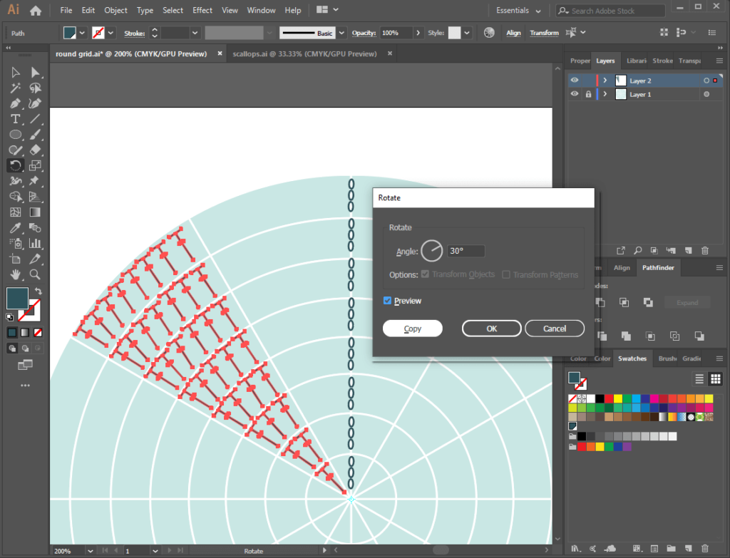 Illustrator wedge of stitches on round grid rotating