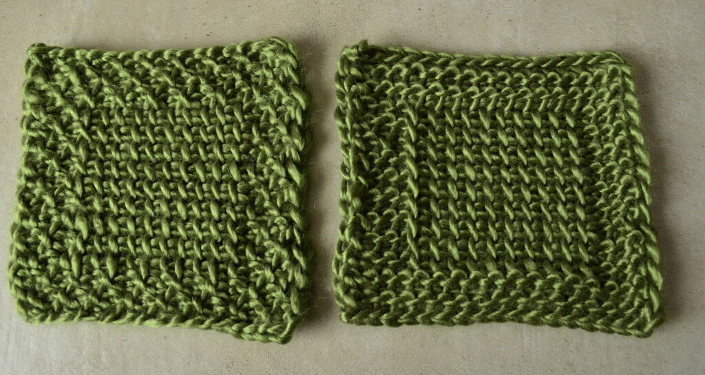 Reduce or remove Tunisian crochet curling by including a border in your project - pictured are two squares, one with a honeycomb border, one with a purl stitch border