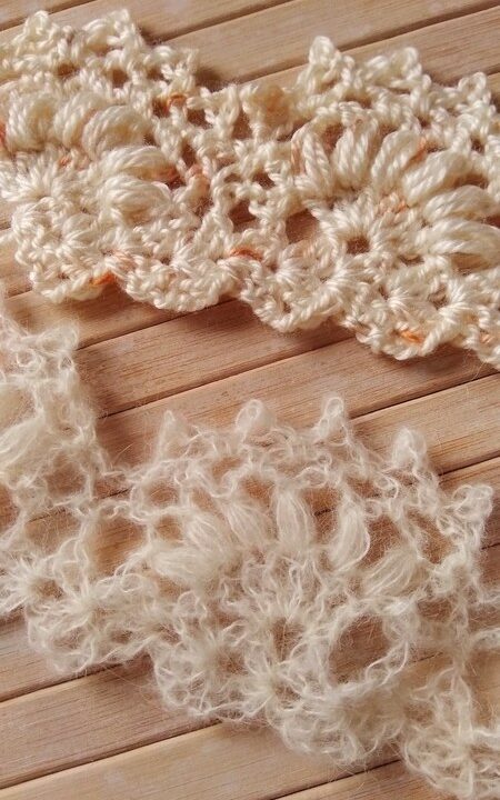 jasmine lace border crochet pattern in two different types of yarn - mohair and smooth acrylic