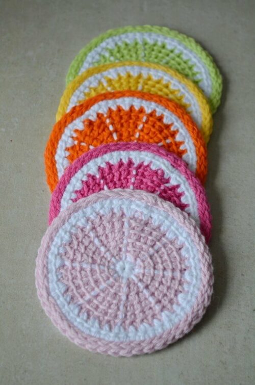 Citrus slice Tunisian crochet coaster pattern Yarnandy