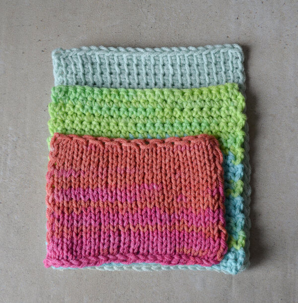 All three samples overlapping, from bottom to top: Tunisian crochet, regular crochet, knit