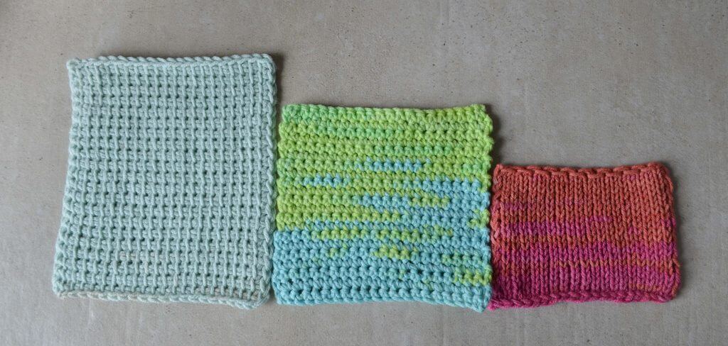 Does crochet use more yarn than knitting? How about Tunisian crochet? Here are three samples, from left to right: Tunisian crochet, regular crochet, knit