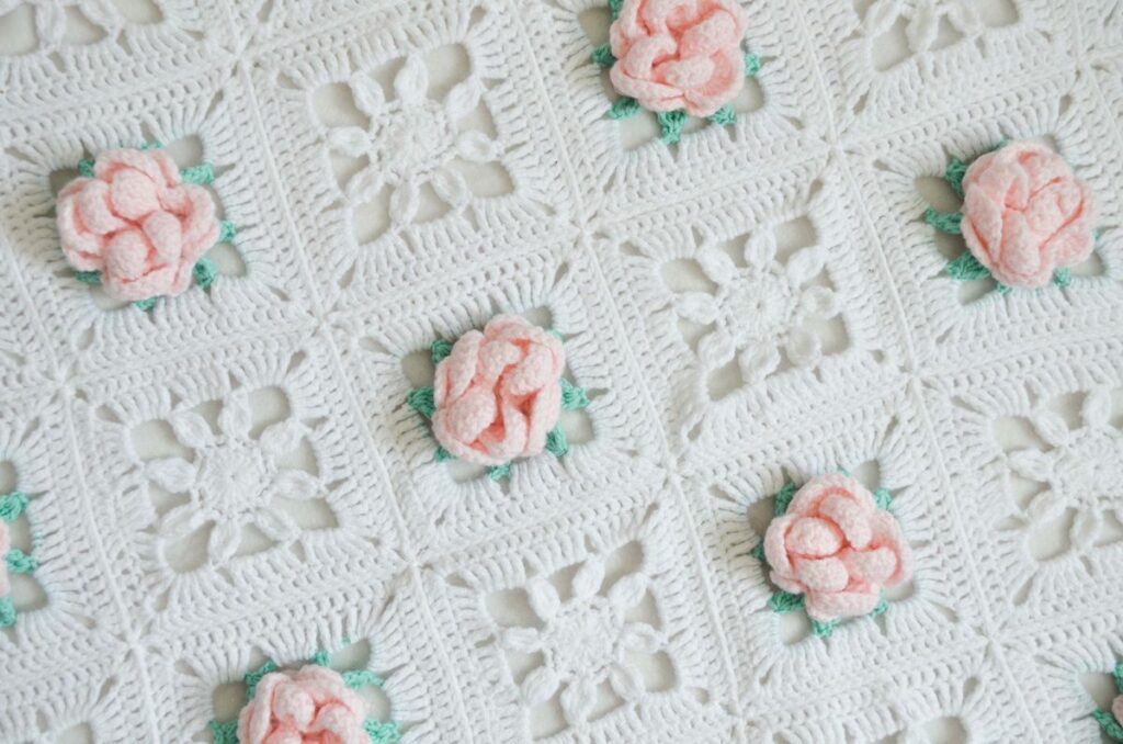 Dear Peony flower granny square blanket view from above