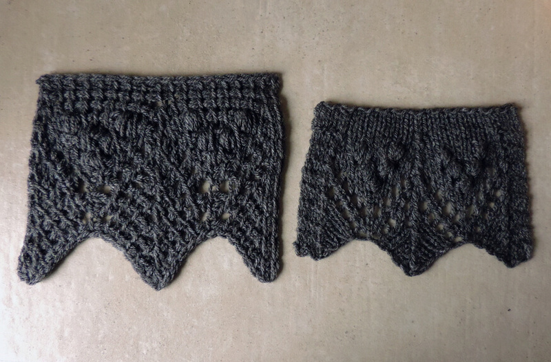 how to use use knitting patterns for Tunisian crochet - comparison between Tunisian crochet and knit swatch made with the same pattern and yarn