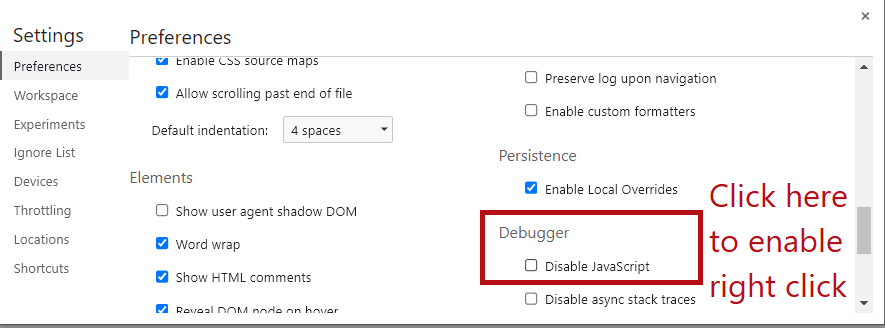 How to enable right click in Chrome - finding the "Disable JavaScript" button under Settings