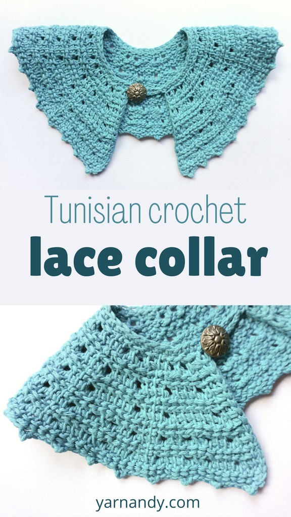 Pin with full view and close-up of the Tunisian crochet lace collar