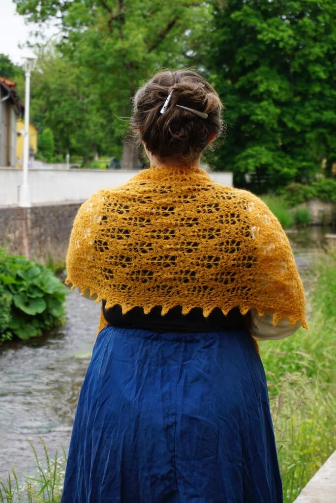 Rectangle Tunisian crochet lace shawl made with Hobbii Diablo in color Yellow Ochre 