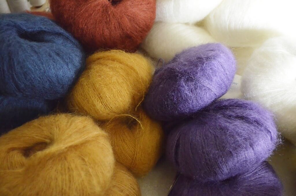 hobbii diablo review - mix of mohair and kid silk yarns, purple and middle yellow yarns are kid silk, everything else is Hobbii Diablo