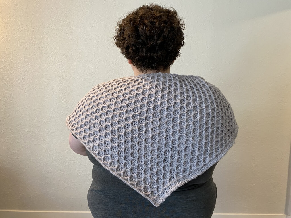 Honey drip asymmetrical shawl pattern release 18 Kayleigh Gordon 01 Model