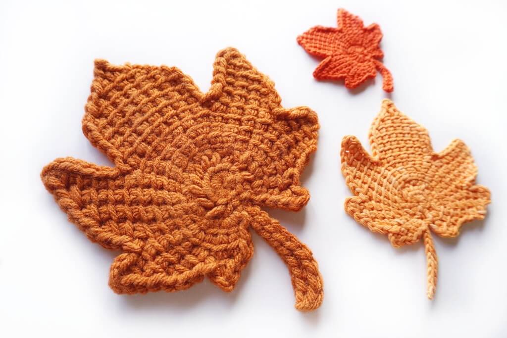 Free Tunisian crochet pattern for fall leaves in different sizes when using different weights of yarn and hook sizes
