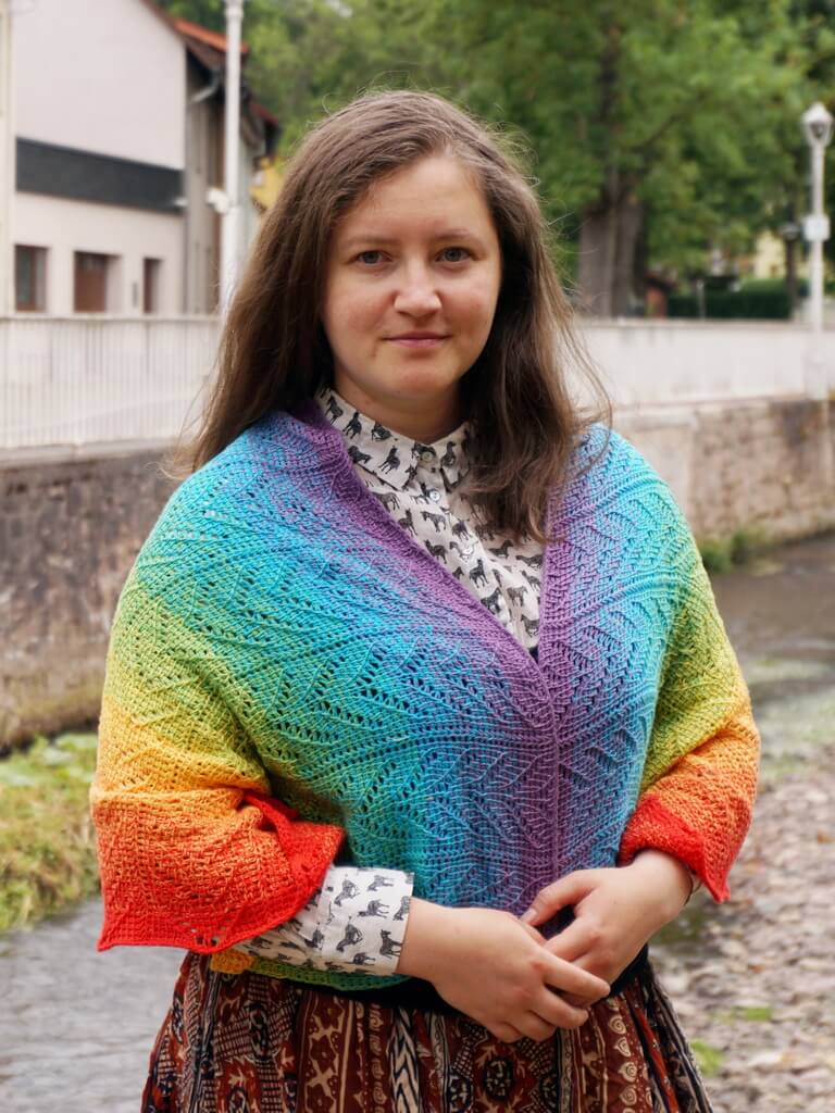 Tunisian crochet lace shawl pattern rainbow wrap 10