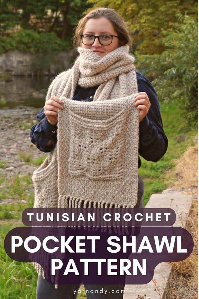 Pin Cozy pinecones Tunisian crochet pocket shawl pattern Andrea Cretu