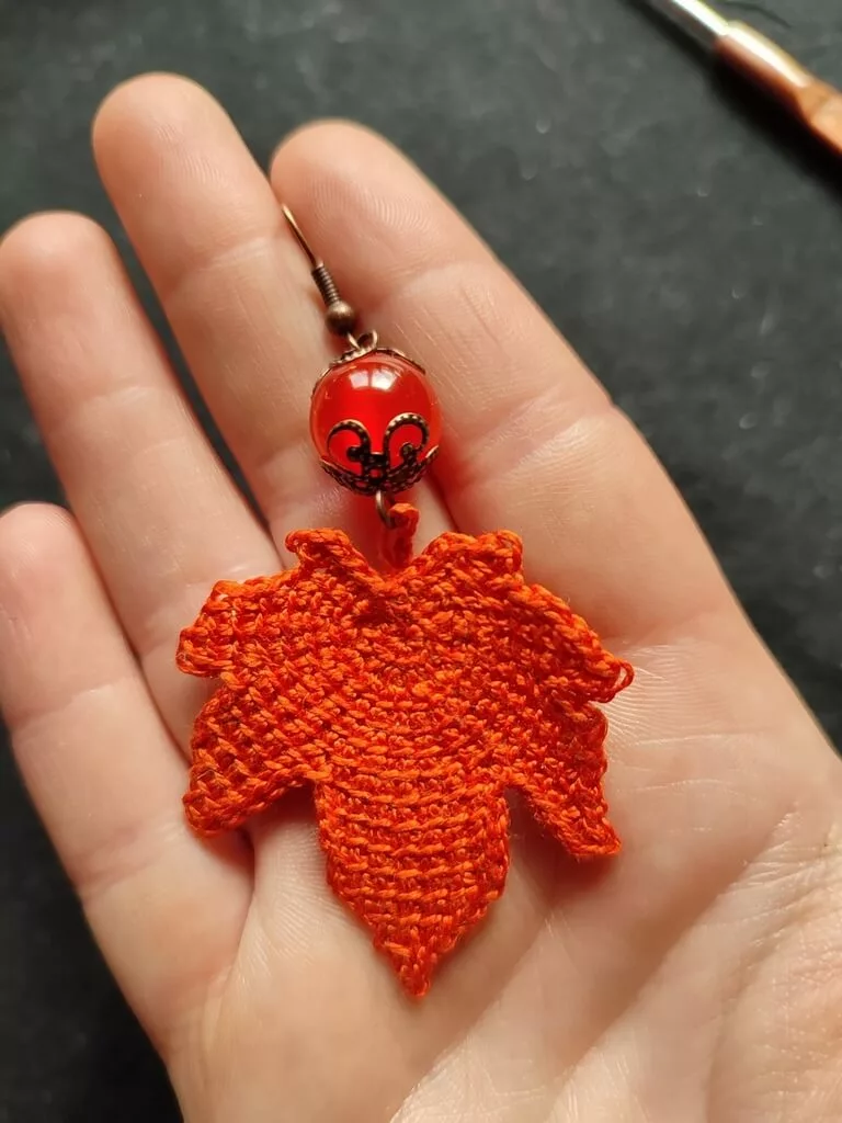 Fall leaf Tunisian crochet earring jpg