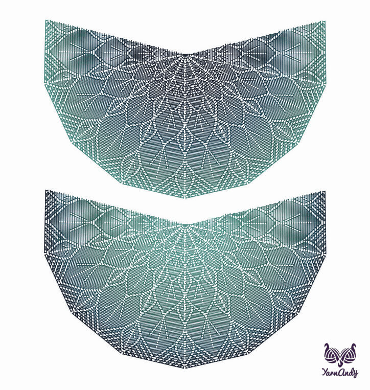 Two schematics of the Sempervivum shawl with the gradient going from dark to light in one version and from light to dark in the second version.