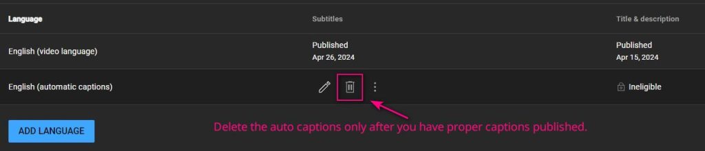 Delete auto captions