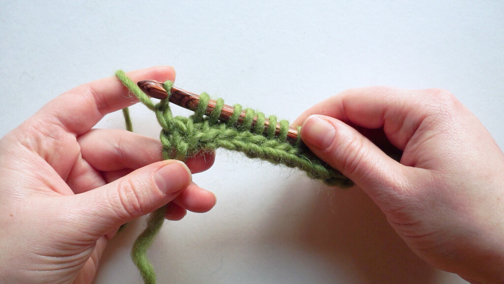First step in making return pass short rows in Tunisian crochet - starting the return pass