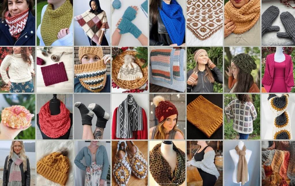 Collage of images of patterns included in blog hop, featuring cowls, shawls, mittens, socks, hats, scarves, cardigans and blankets.