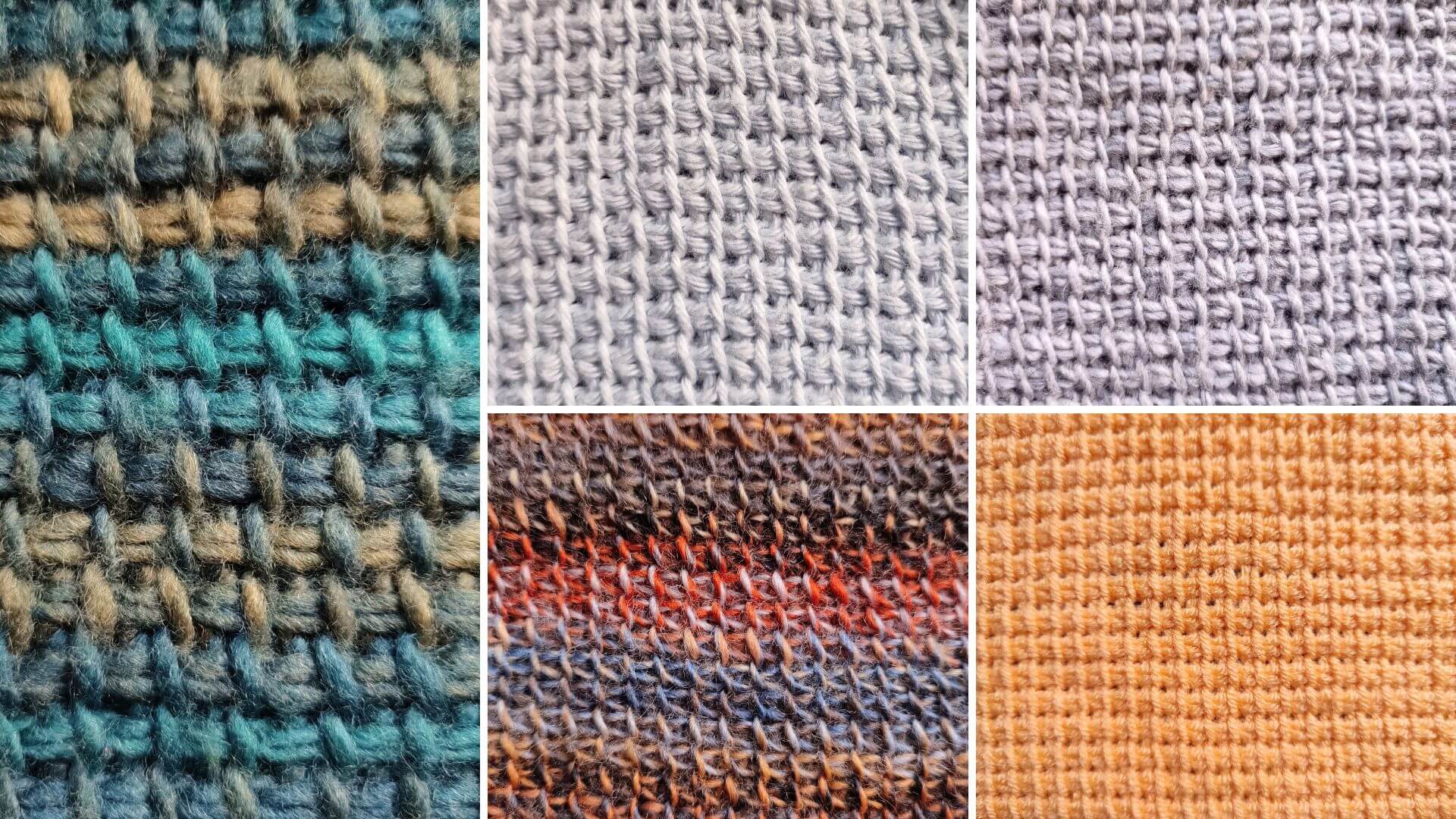 Collage of Tunisian simple stitch fabrics in different yarn types, yarn weights and colors.