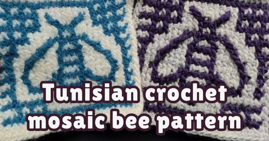 Two examples of felted and not yet felted blue with white and purple with light gray wool potholders with a mosaic motif of a bee. Text "Tunisian crochet mosaic bee pattern".