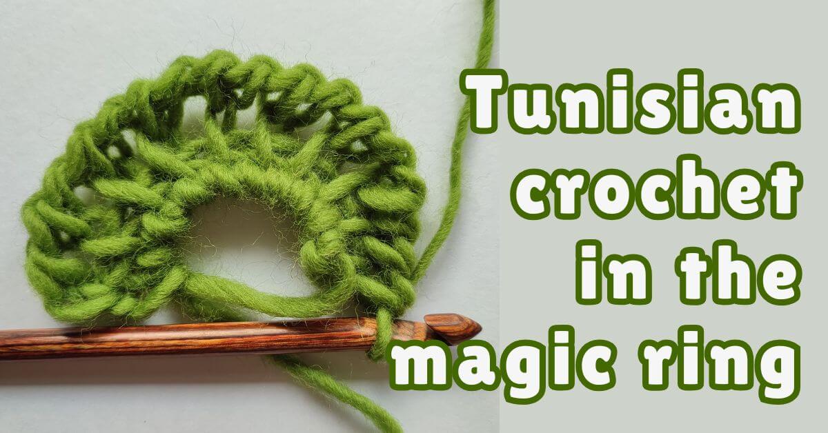 An open magic ring with two rows of Tunisian simple stitch and a Tunisian crochet hook. Text "Tunisian crochet in the magic ring"
