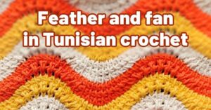 Wavy colorful background with text "Feather and fan in Tunisian crochet"