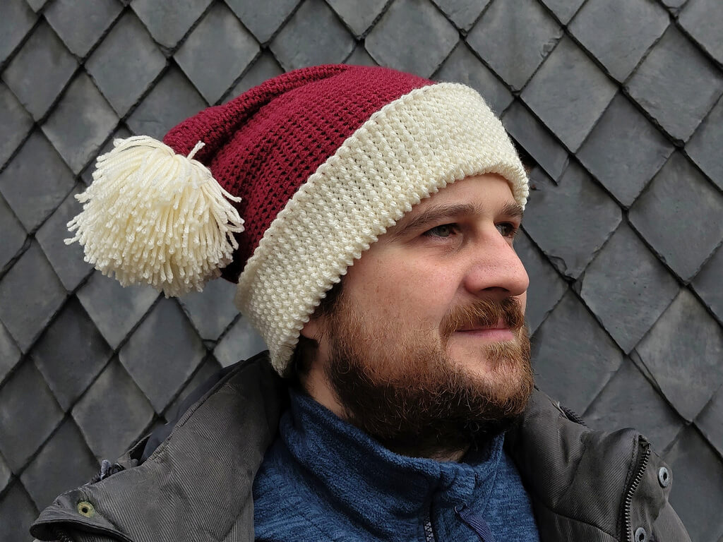 Tunisian crochet Santa hat worn