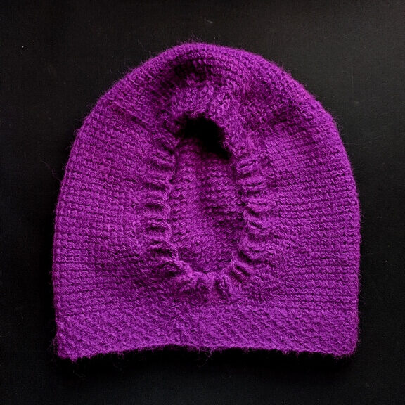 Purple Tunisian crochet balaclava from the front edited